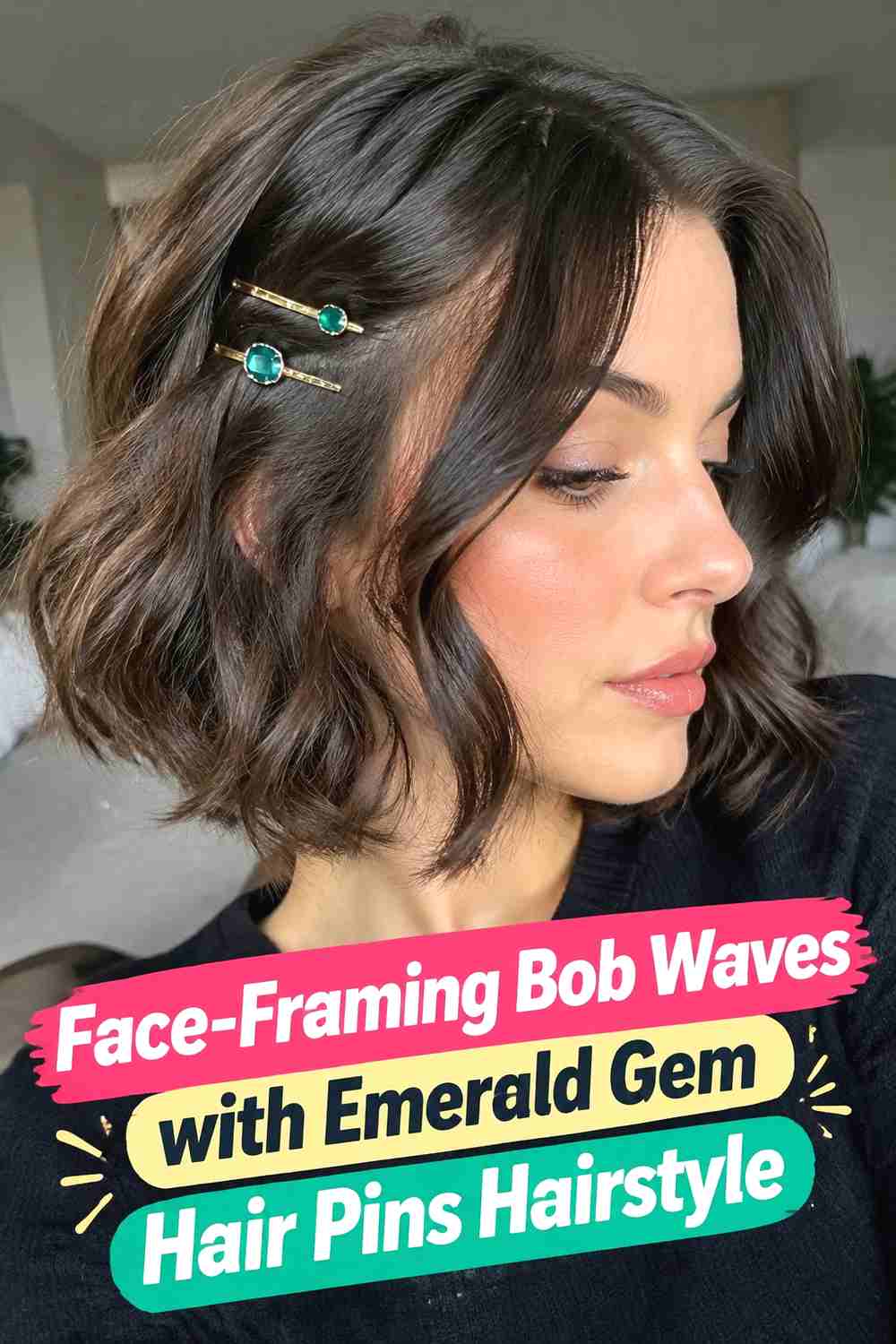 5. Face Framing Bob Waves With Emerald Gem Hair Pins Hairstyle
