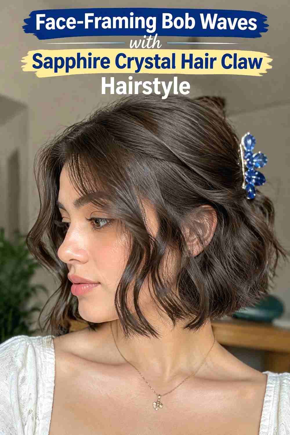 13. Face Framing Bob Waves With Sapphire Crystal Hair Claw Hairstyle