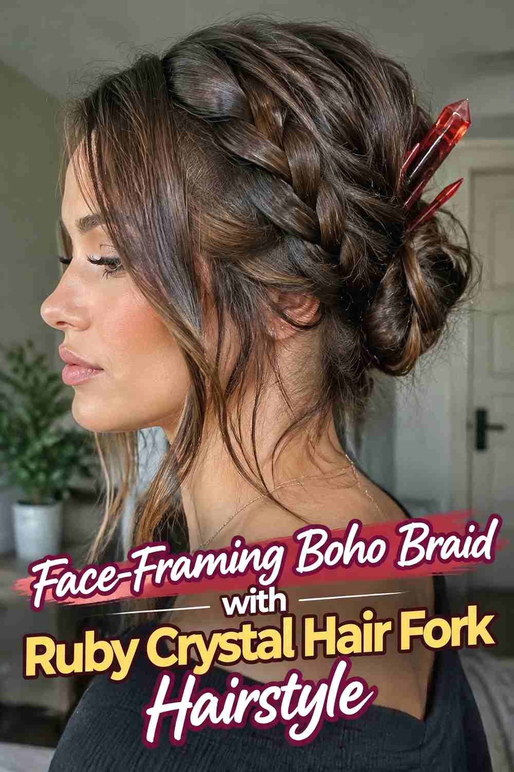 11. Face Framing Boho Braid With Ruby Crystal Hair Fork Hairstyle