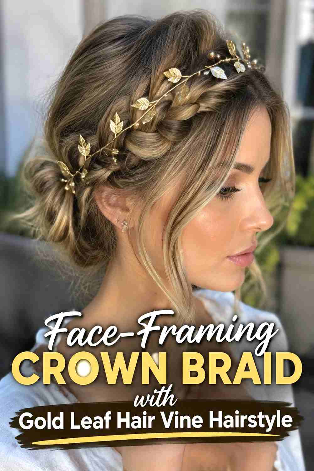 8. Face Framing Crown Braid With Gold Leaf Hair Vine Hairstyle