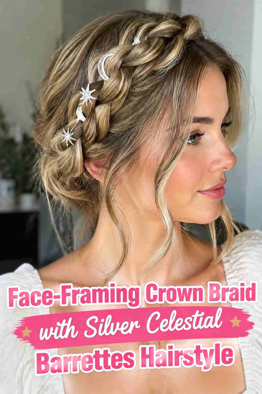 10. Face Framing Crown Braid With Silver Celestial Barrettes Hairstyle