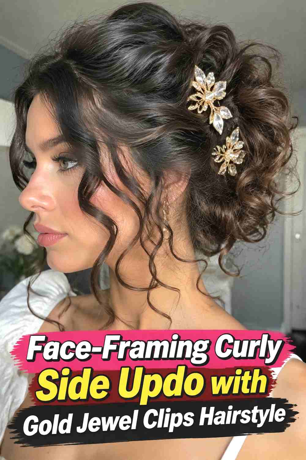 9. Face Framing Curly Side Updo With Gold Jewel Clips Hairstyle
