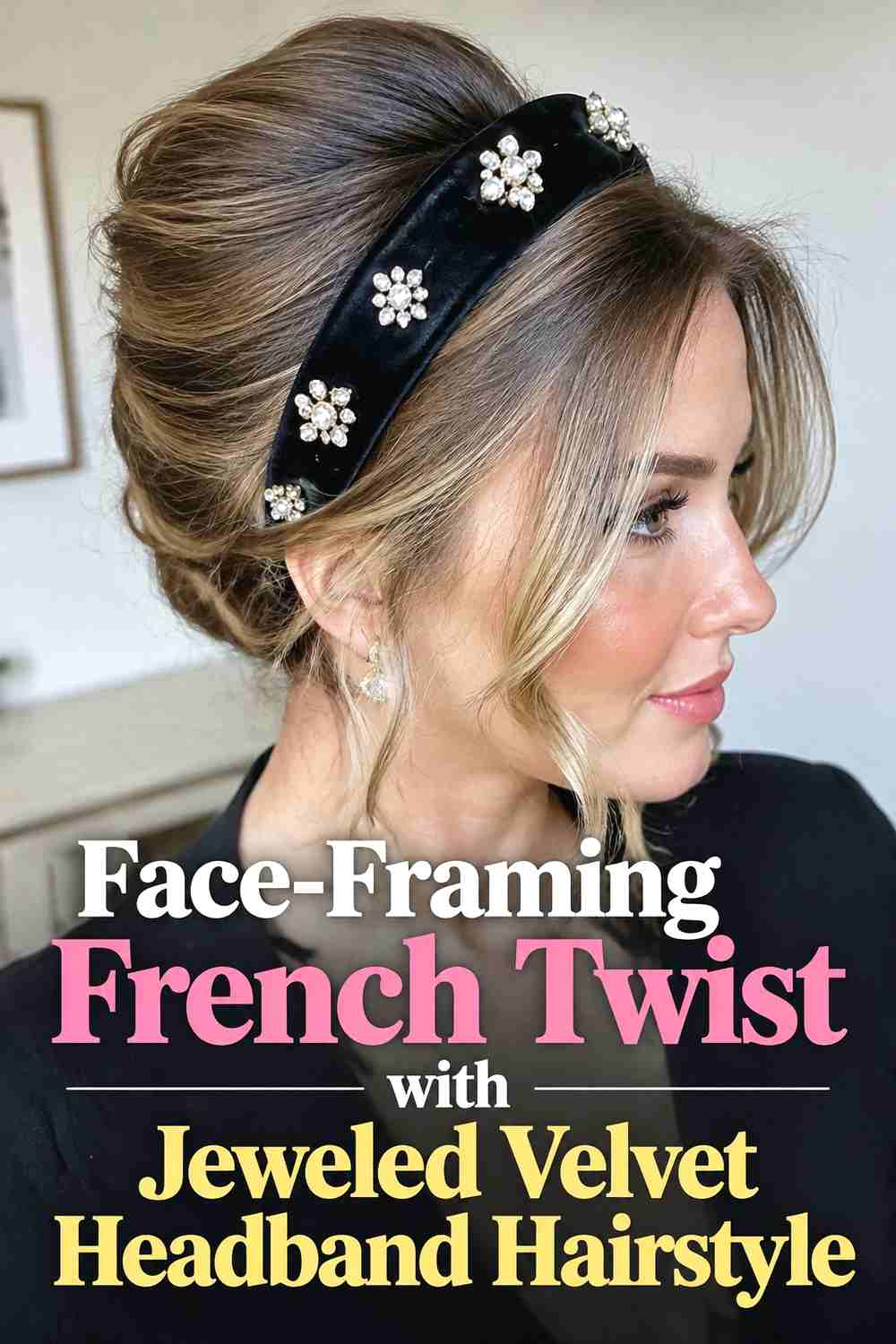 7. Face Framing French Twist With Jeweled Velvet Headband Hairstyle