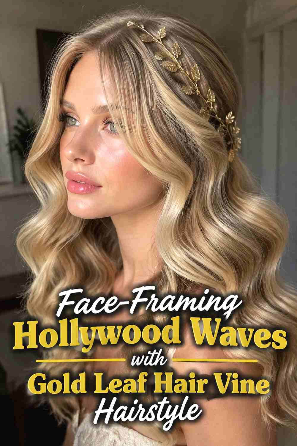 1. Face Framing Hollywood Waves With Gold Leaf Hair Vine Hairstyle