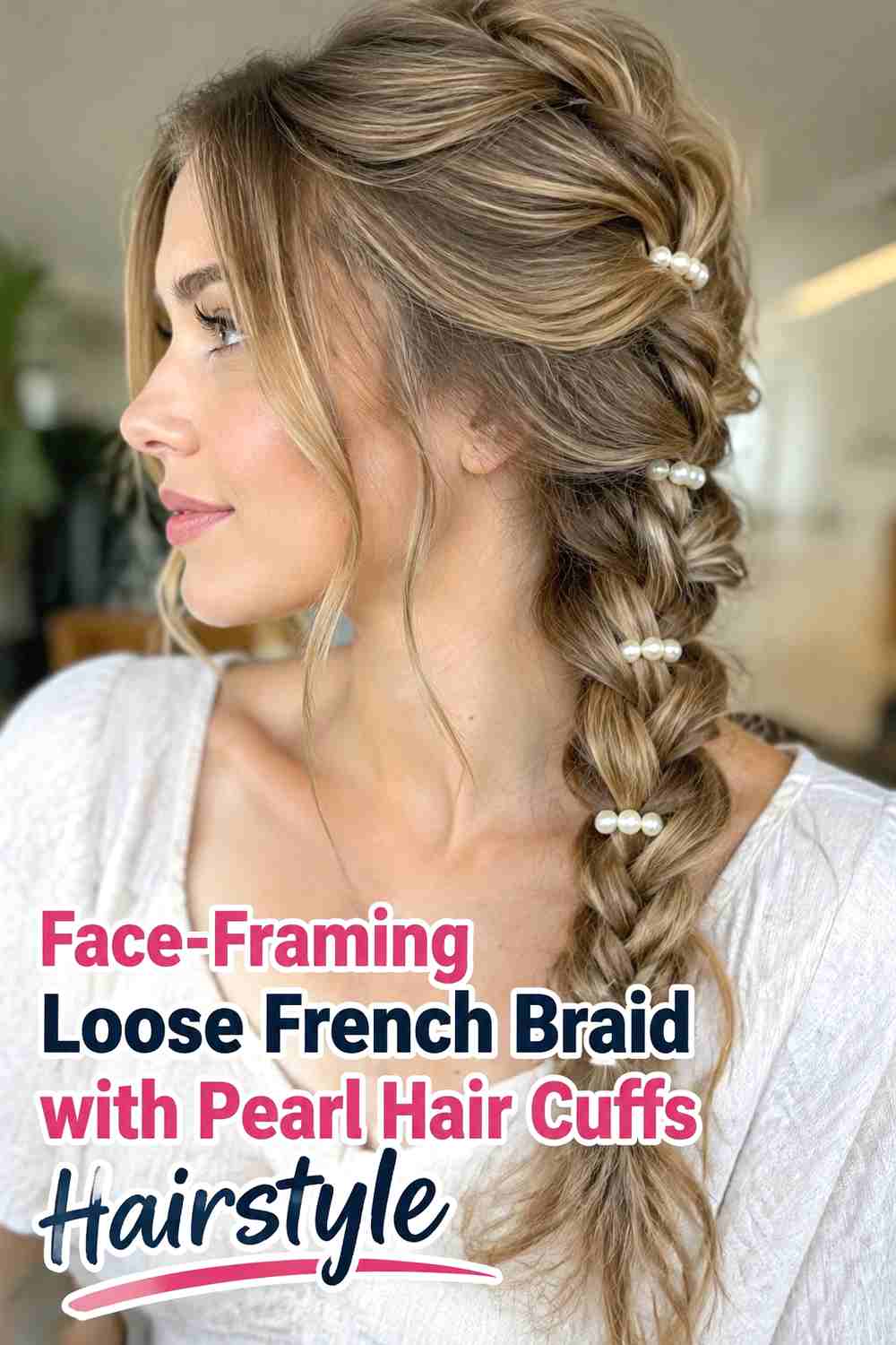 7. Face Framing Loose French Braid With Pearl Hair Cuffs Hairstyle