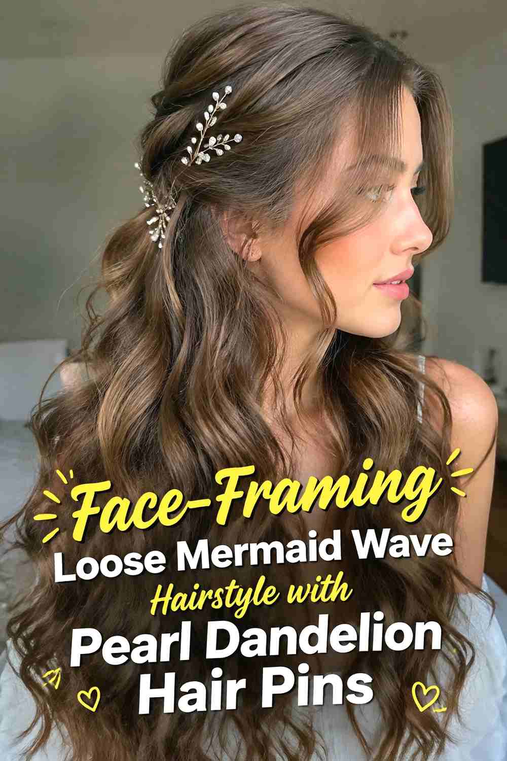 3. Face Framing Loose Mermaid Wave Hairstyle With Pearl Dandelion Hair Pins