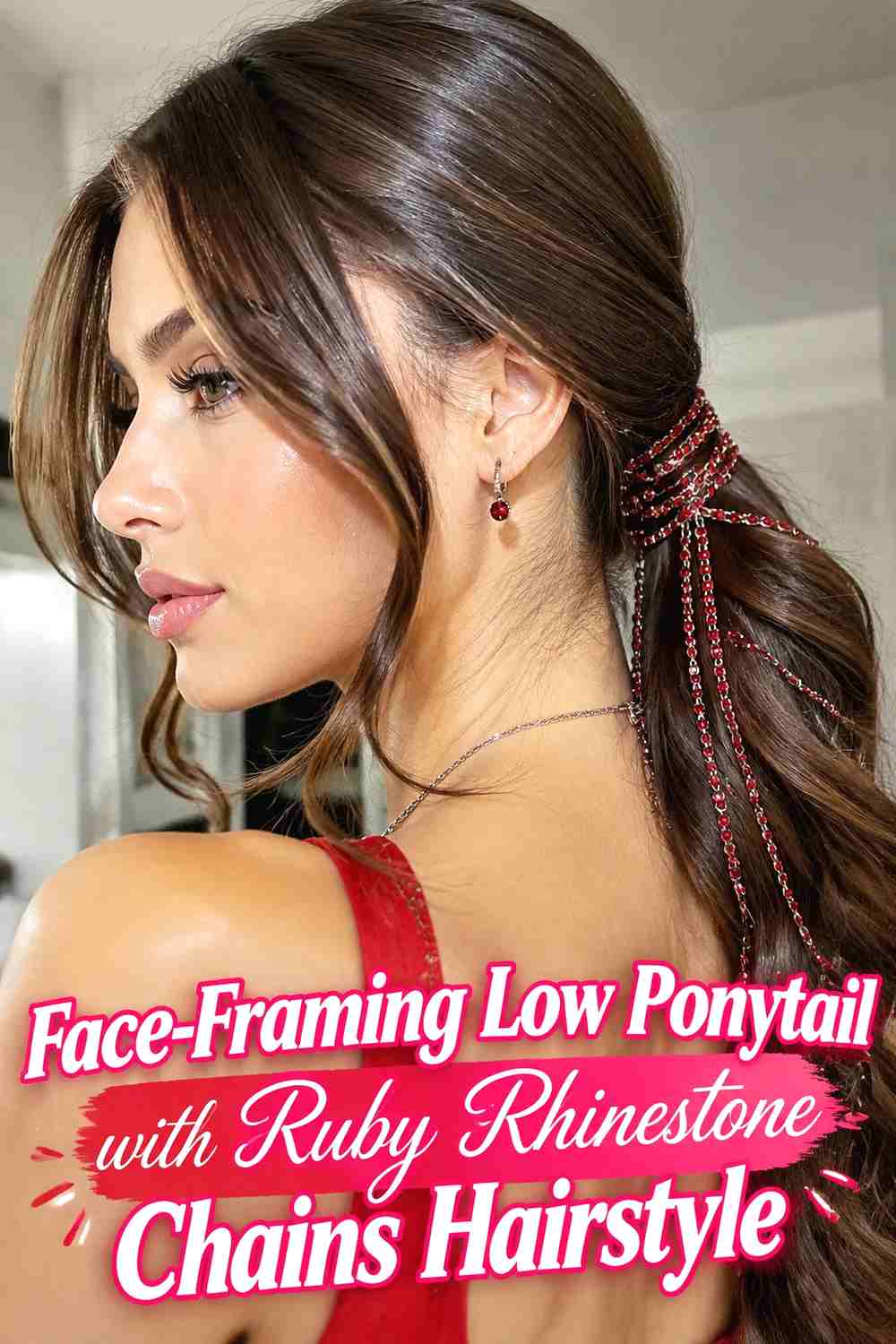9. Face Framing Low Ponytail With Ruby Rhinestone Chains Hairstyle