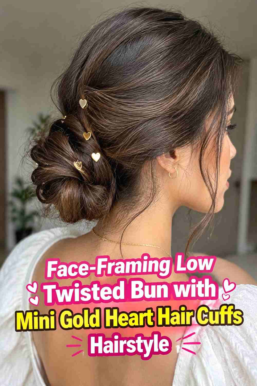 5. Face Framing Low Twisted Bun With Mini Gold Heart Hair Cuffs Hairstyle