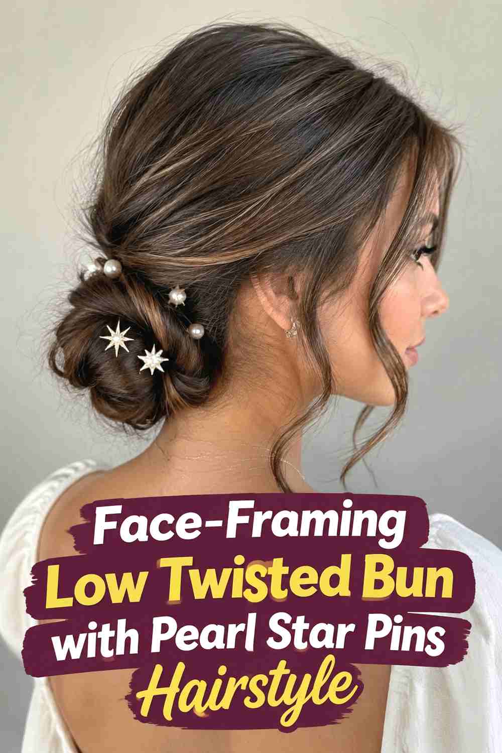 11. Face Framing Low Twisted Bun With Pearl Star Pins Hairstyle