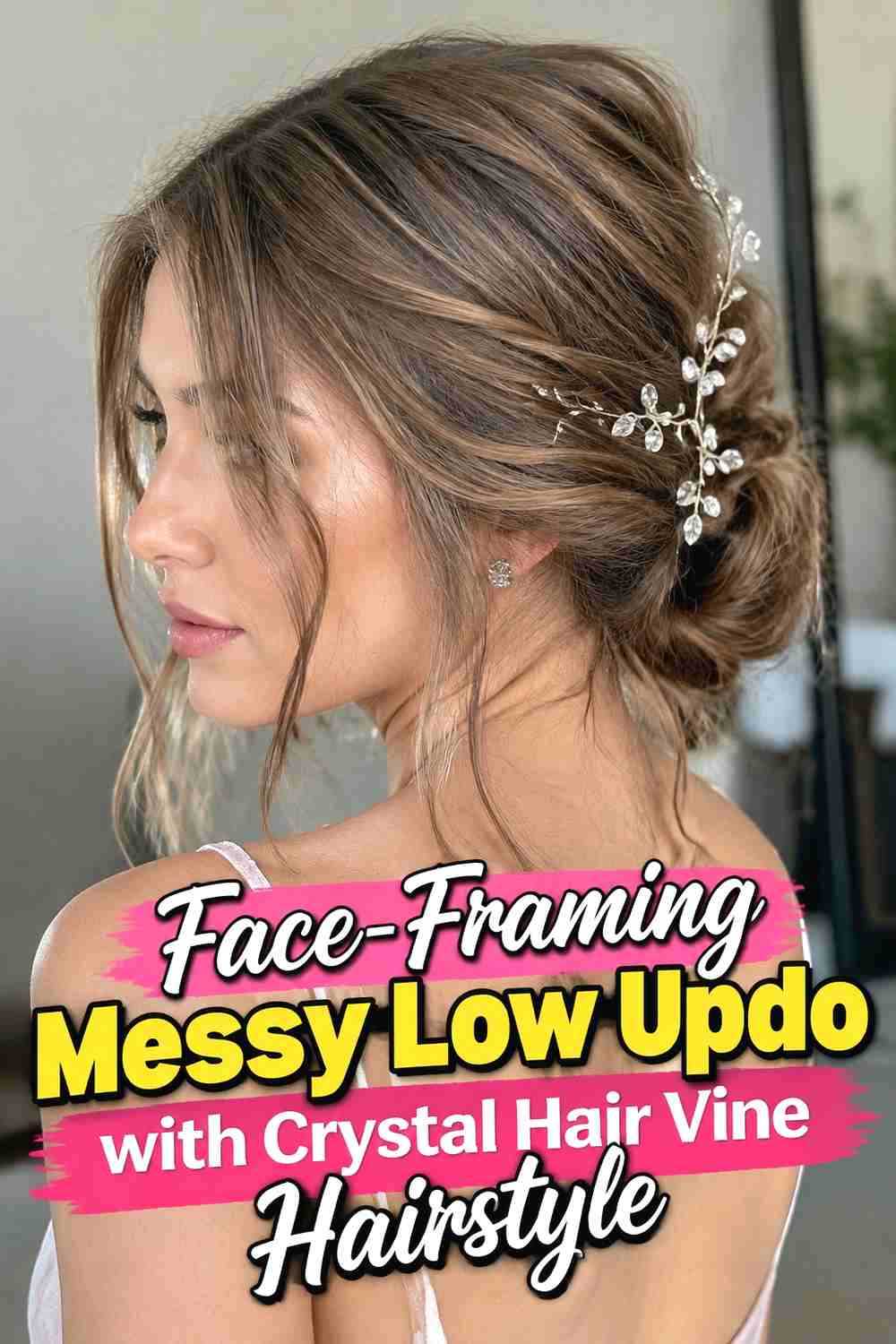 6. Face Framing Messy Low Updo With Crystal Hair Vine Hairstyle