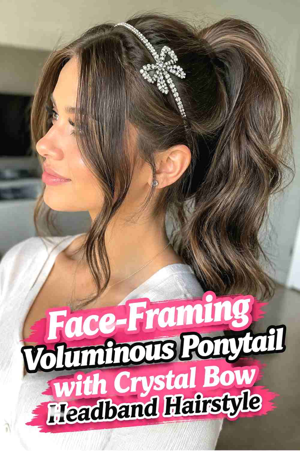 13. Face Framing Voluminous Ponytail With Crystal Bow Headband Hairstyle