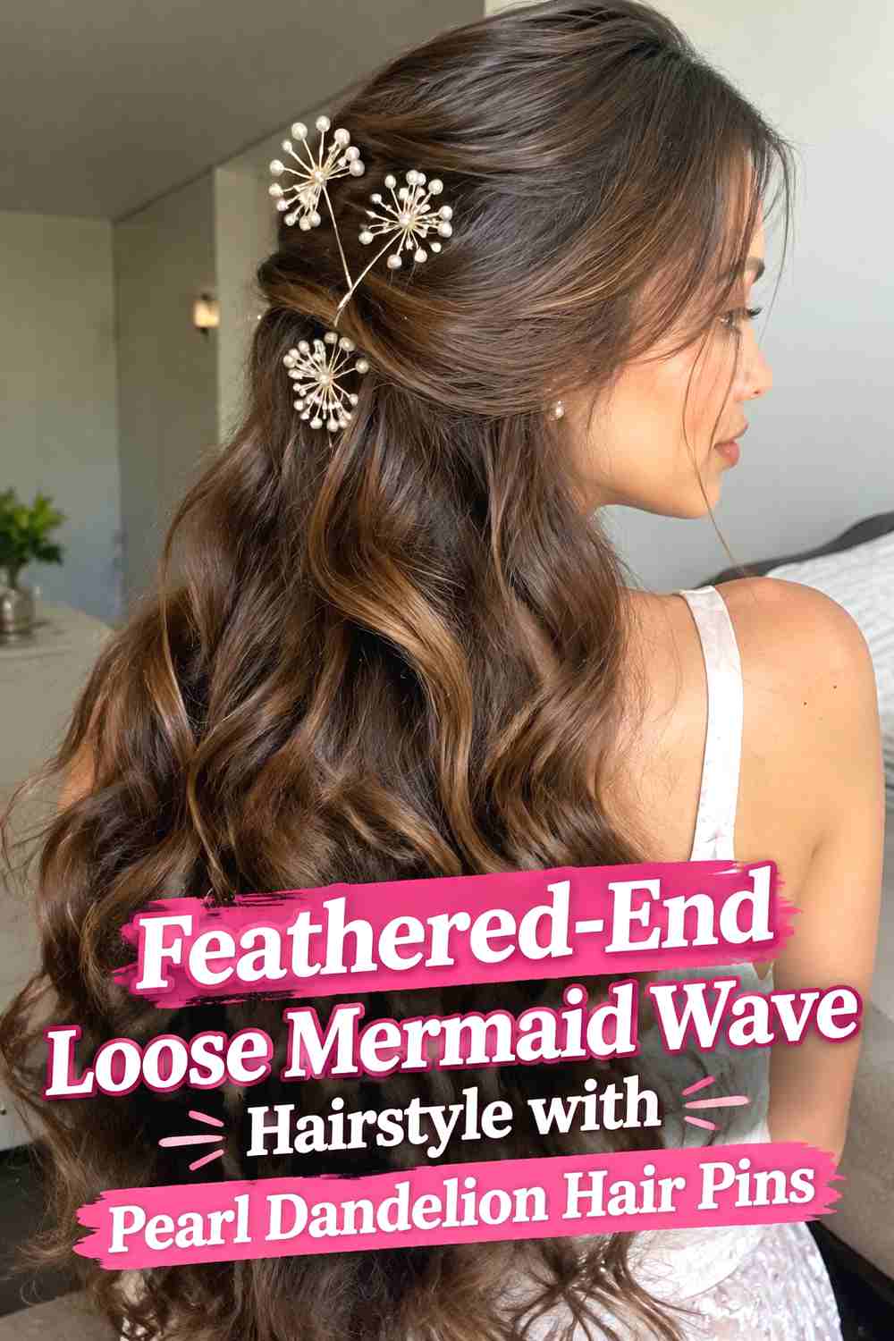 13. Feathered End Loose Mermaid Wave Hairstyle With Pearl Dandelion Hair Pins