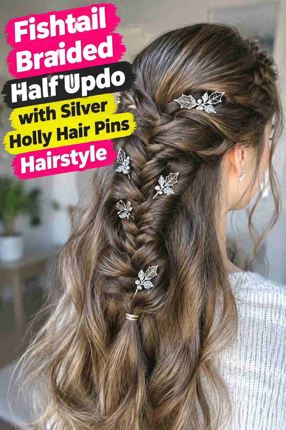 12. Fishtail Braided Half Updo With Silver Holly Hair Pins Hairstyle