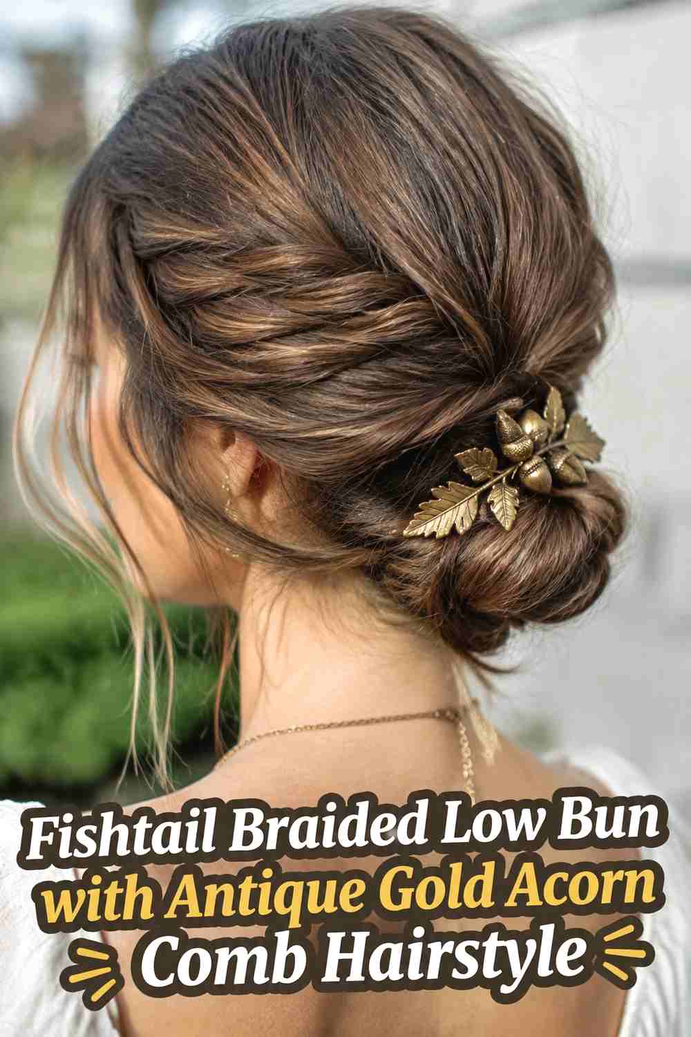 8. Fishtail Braided Low Bun With Antique Gold Acorn Comb Hairstyle