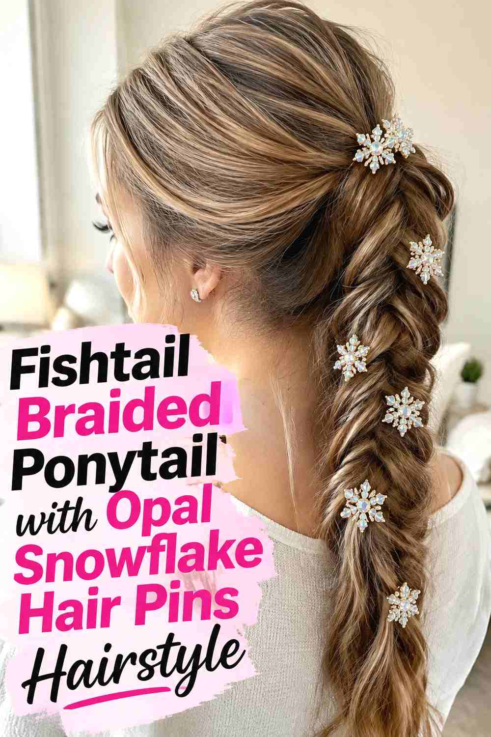 3. Fishtail Braided Ponytail With Opal Snowflake Hair Pins Hairstyle