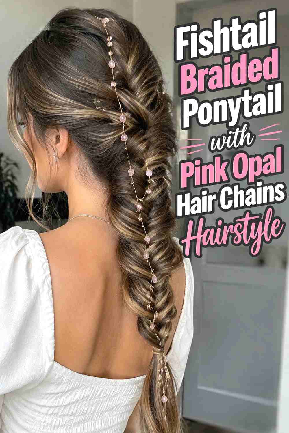5. Fishtail Braided Ponytail With Pink Opal Hair Chains Hairstyle