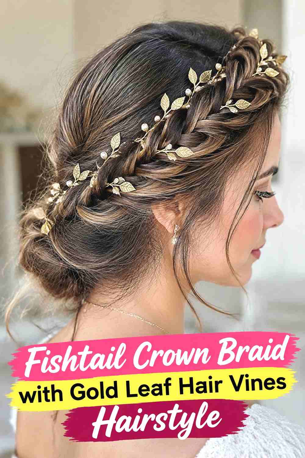 5. Fishtail Crown Braid With Gold Leaf Hair Vines Hairstyle