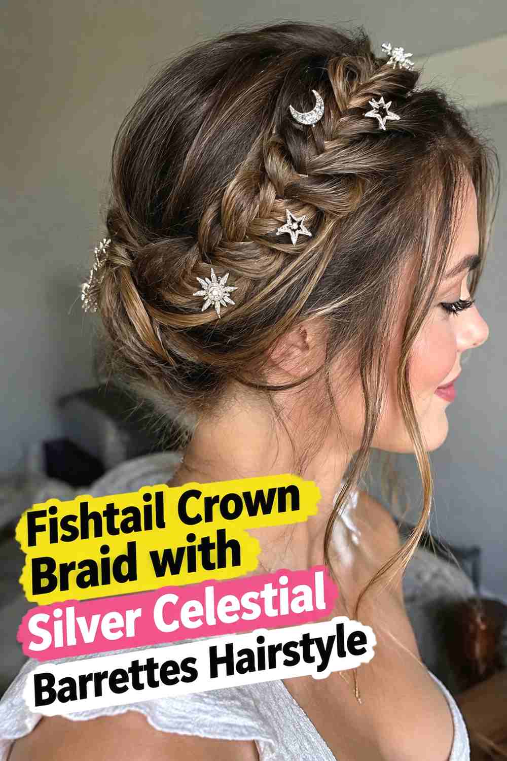 4. Fishtail Crown Braid With Silver Celestial Barrettes Hairstyle
