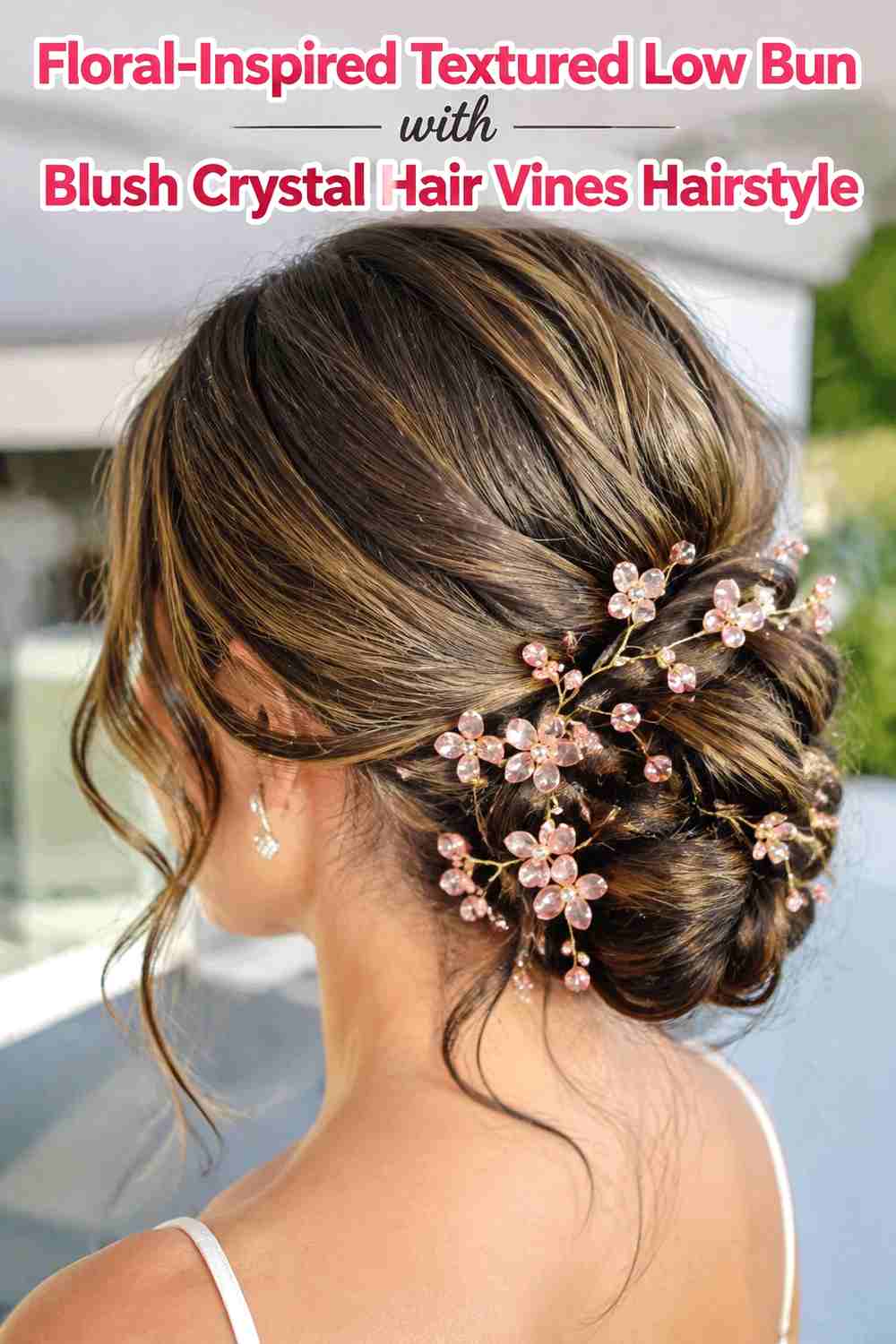 15. Floral Inspired Textured Low Bun With Blush Crystal Hair Vines Hairstyle