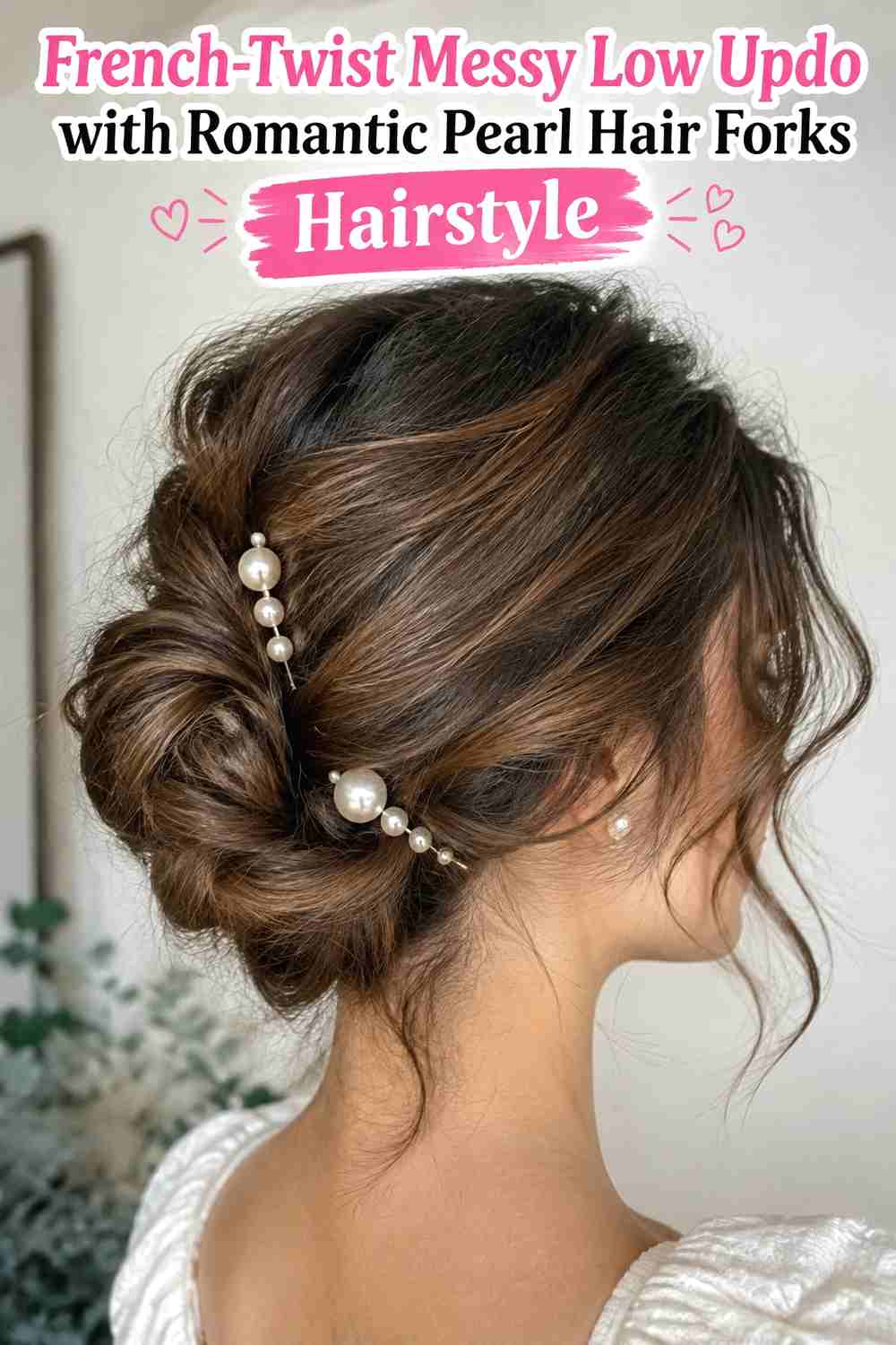 7. French Twist Messy Low Updo With Romantic Pearl Hair Forks Hairstyle