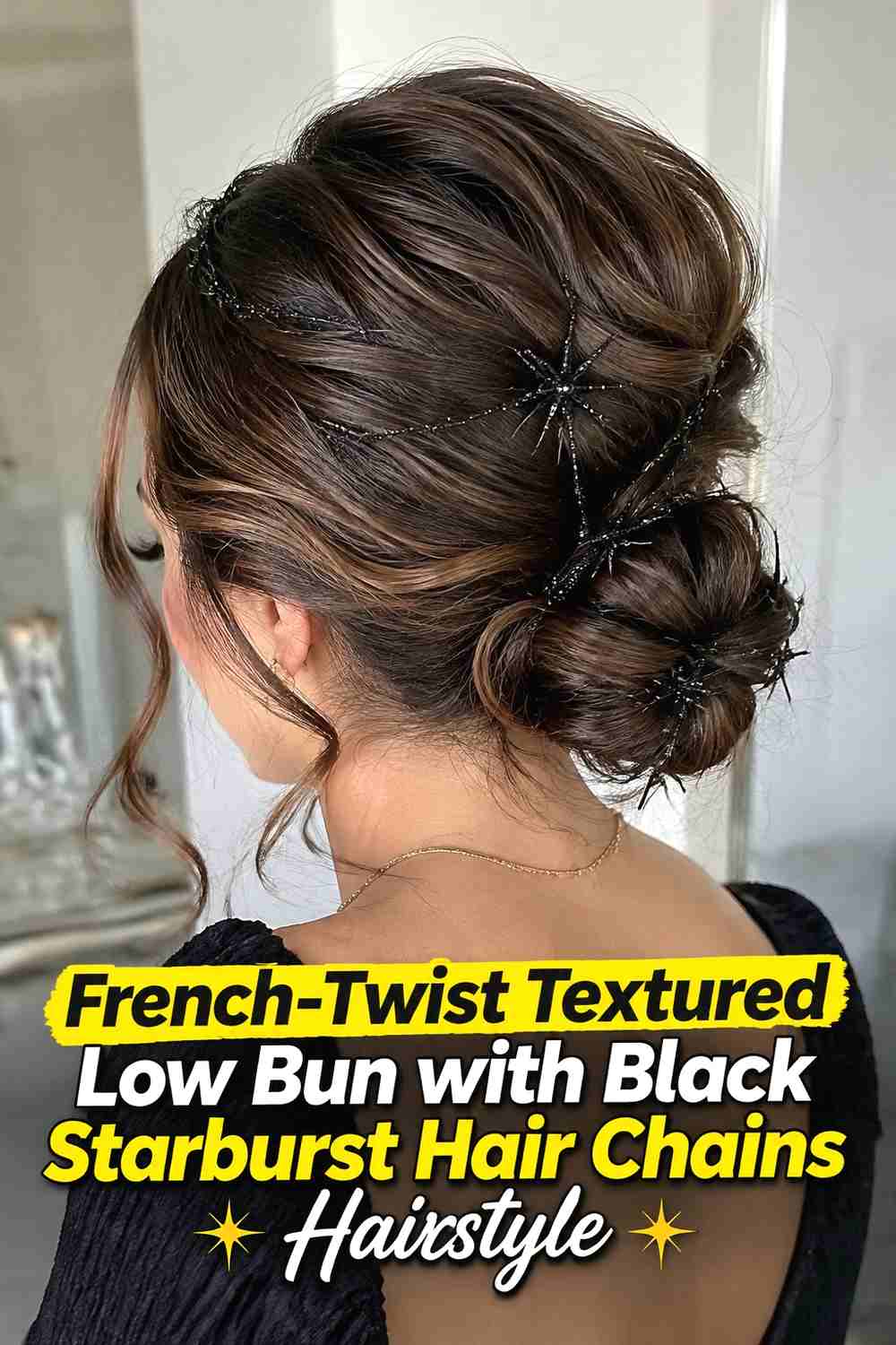 13. French Twist Textured Low Bun With Black Starburst Hair Chains Hairstyle
