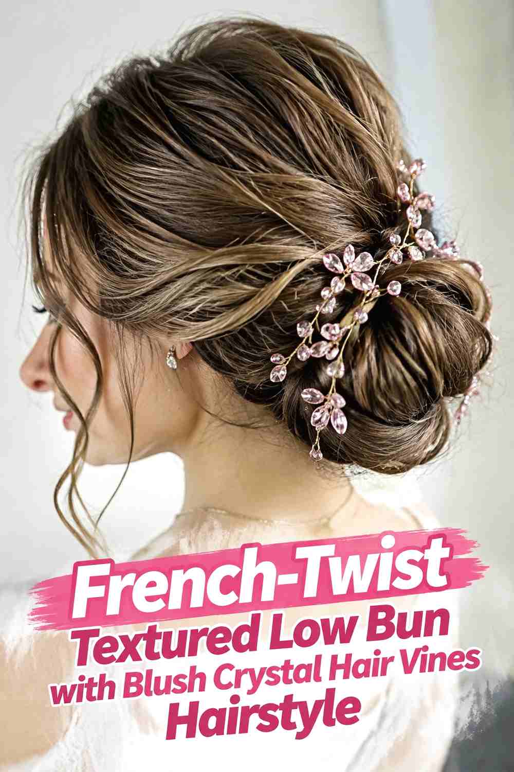 14. French Twist Textured Low Bun With Blush Crystal Hair Vines Hairstyle