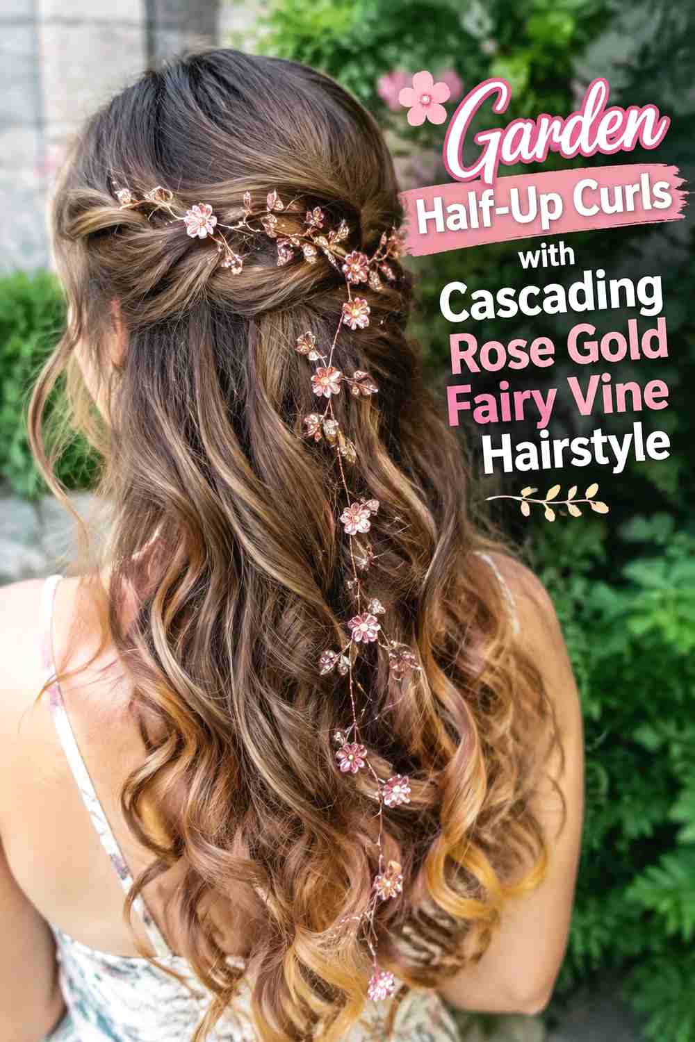 16. Garden Half Up Curls With Cascading Rose Gold Fairy Vine Hairstyle