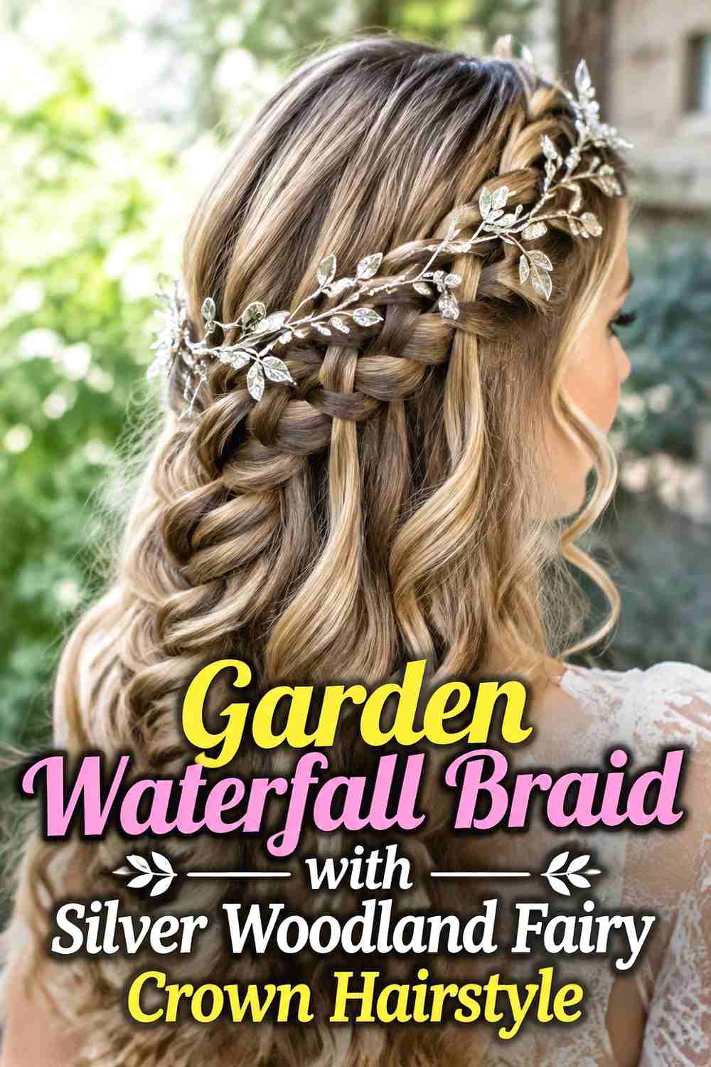 10. Garden Waterfall Braid With Silver Woodland Fairy Crown Hairstyle