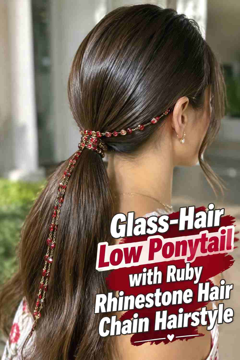 3. Glass Hair Low Ponytail With Ruby Rhinestone Hair Chain Hairstyle