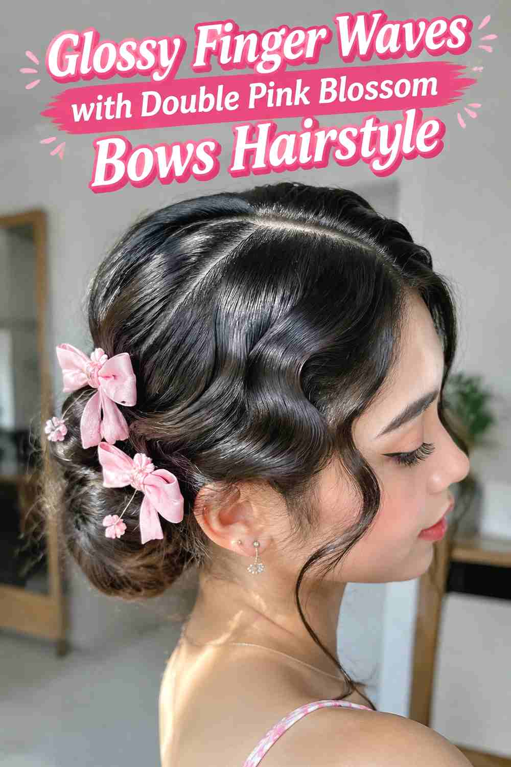 8. Glossy Finger Waves With Double Pink Blossom Bows Hairstyle
