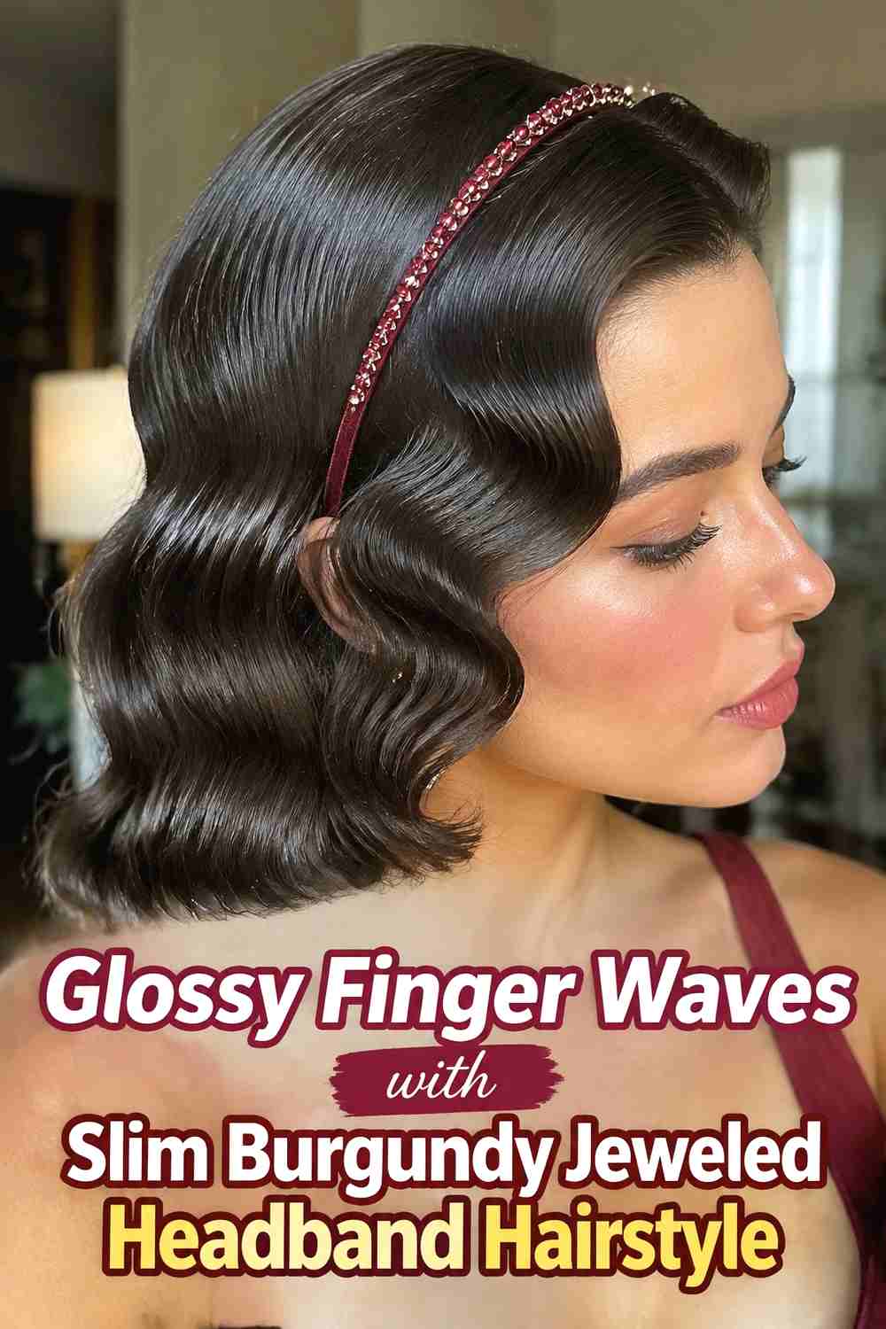 4. Glossy Finger Waves With Slim Burgundy Jeweled Headband Hairstyle