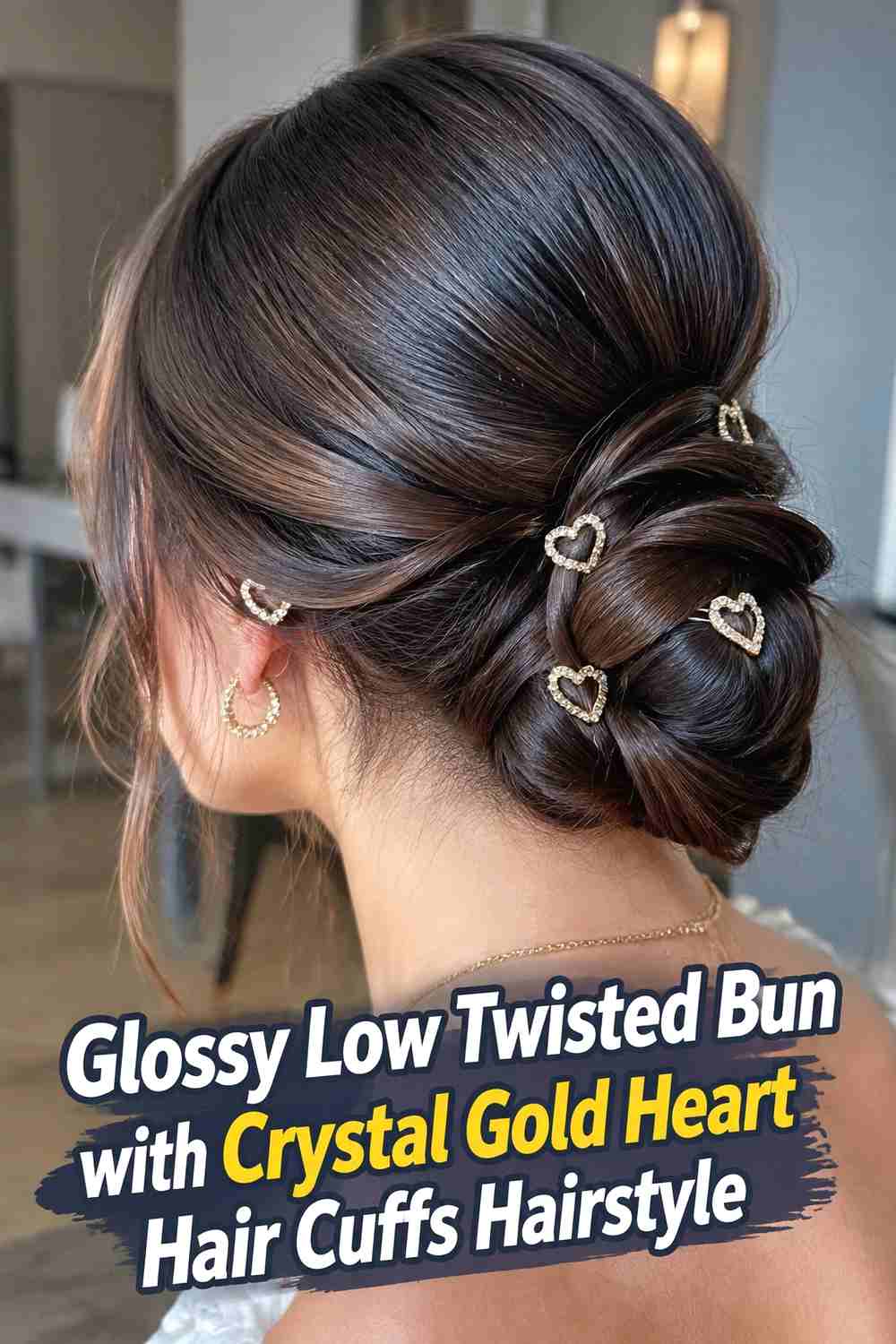 12. Glossy Low Twisted Bun With Crystal Gold Heart Hair Cuffs Hairstyle