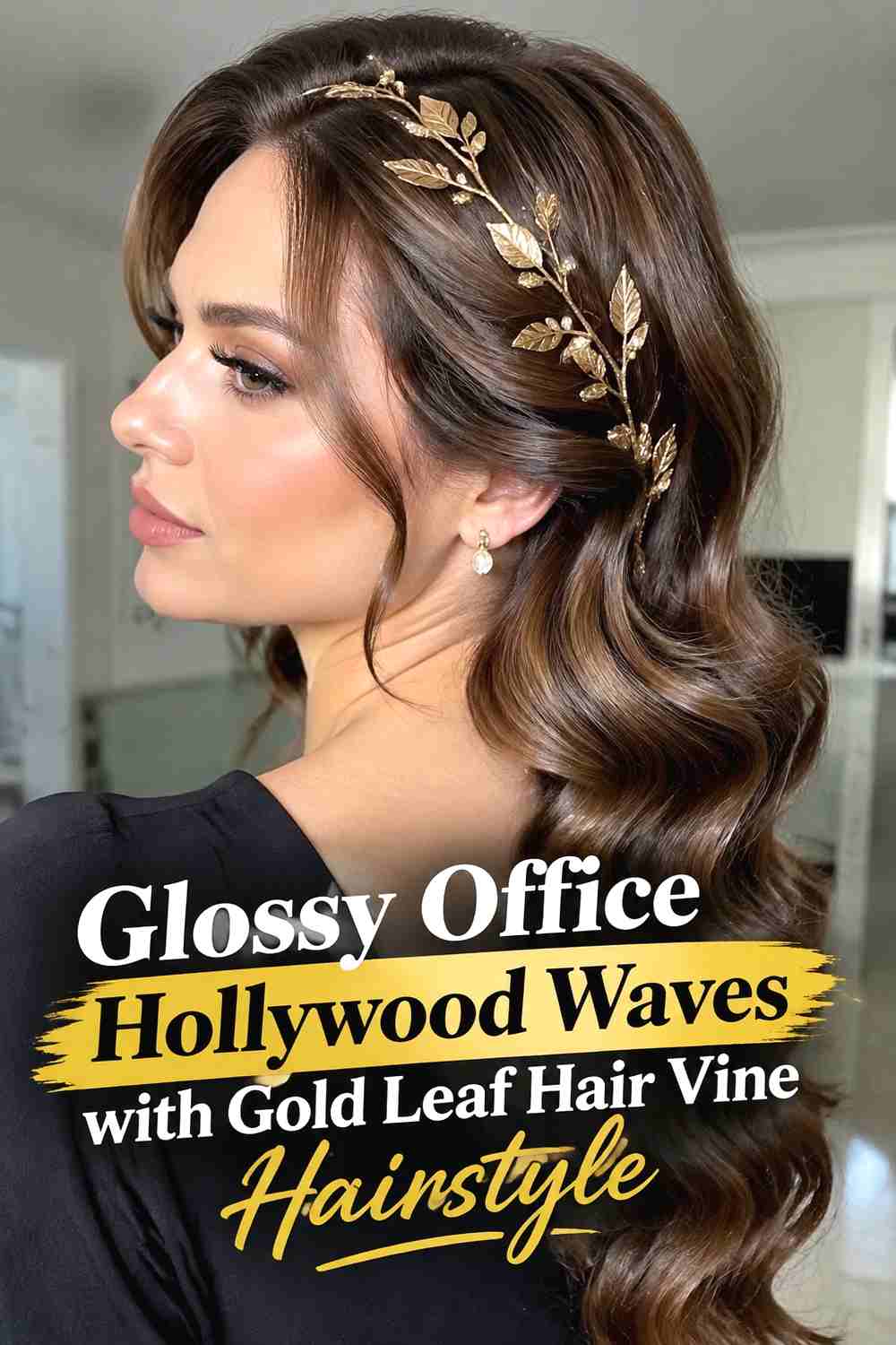 3. Glossy Office Hollywood Waves With Gold Leaf Hair Vine Hairstyle