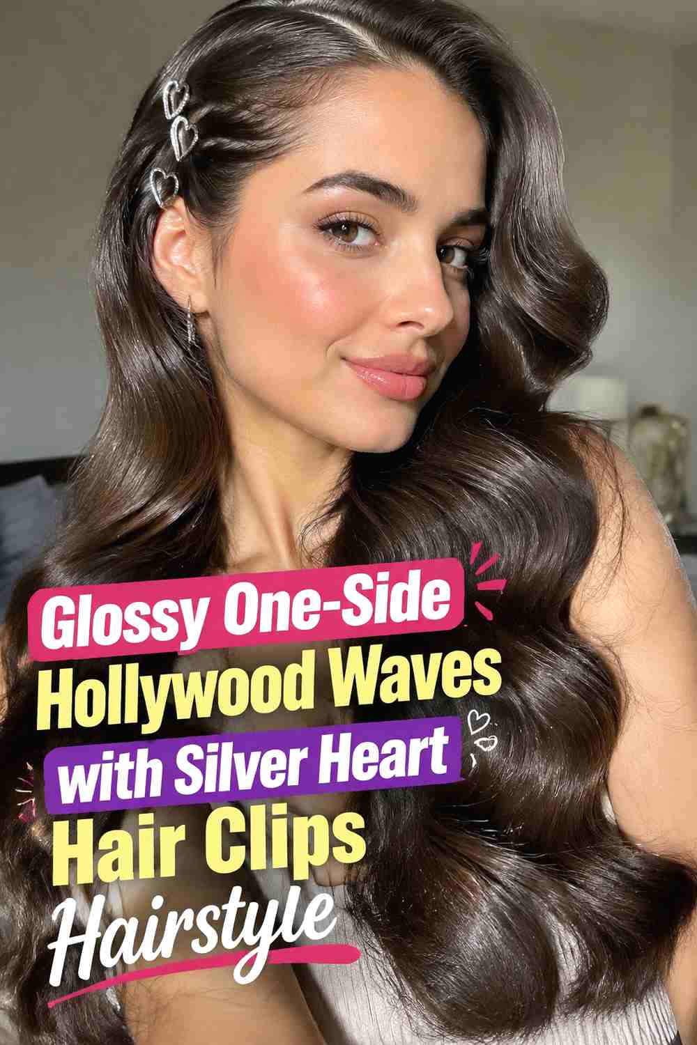 5. Glossy One Side Hollywood Waves With Silver Heart Hair Clips Hairstyle