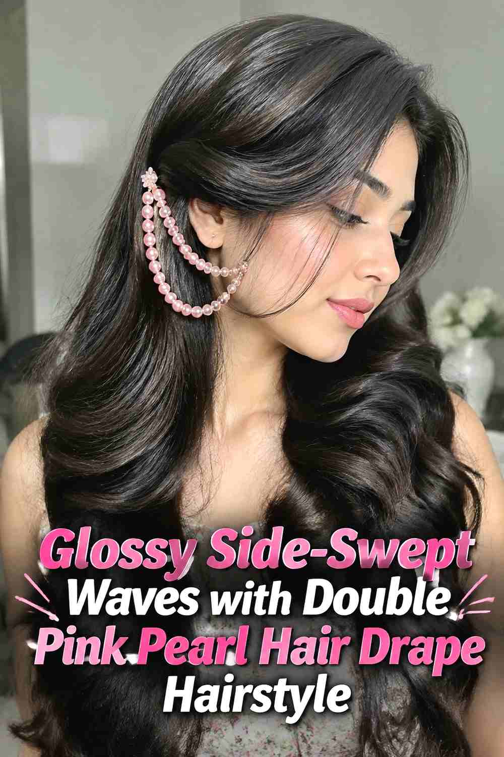 5. Glossy Side Swept Waves With Double Pink Pearl Hair Drape Hairstyle