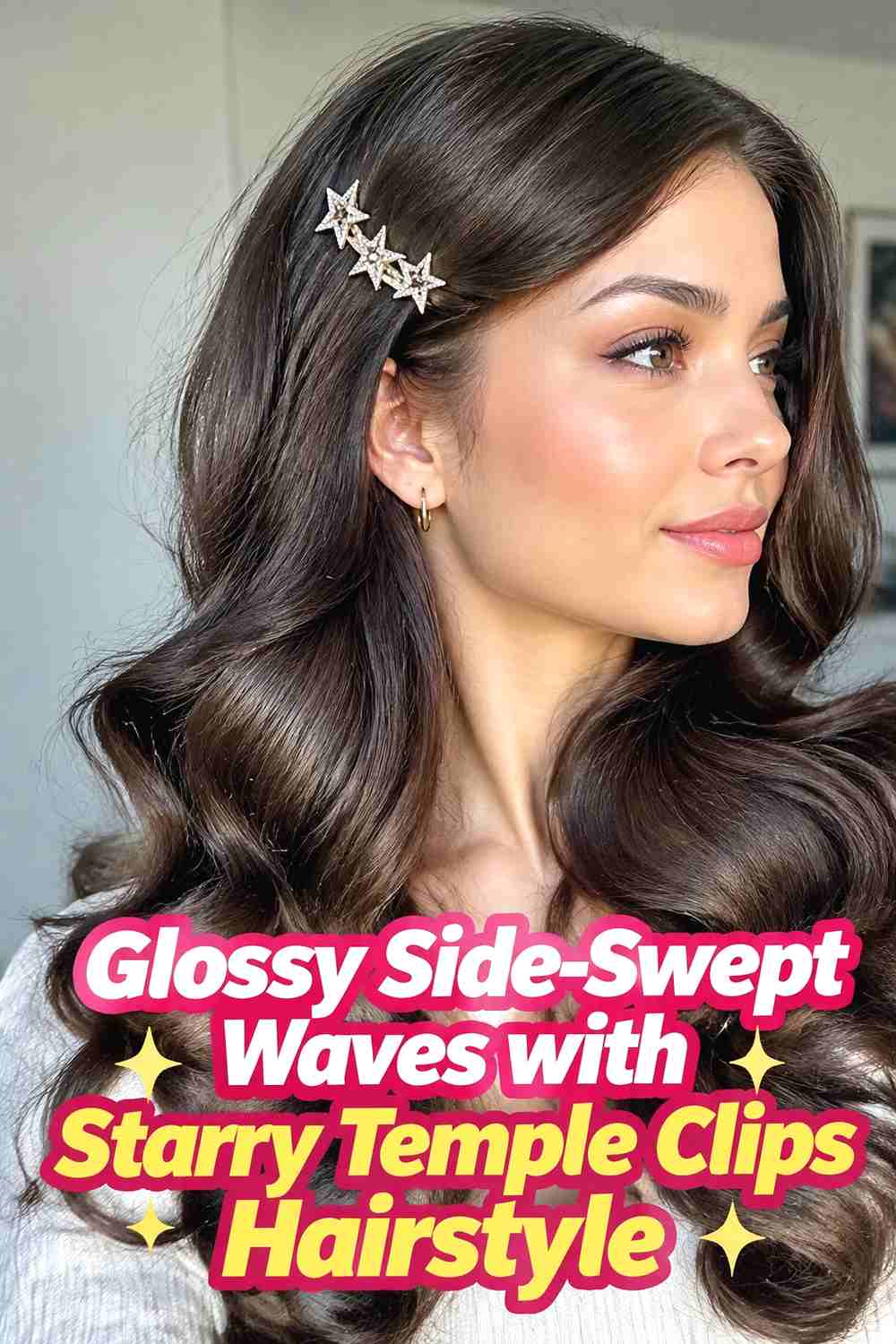 9. Glossy Side Swept Waves With Starry Temple Clips Hairstyle