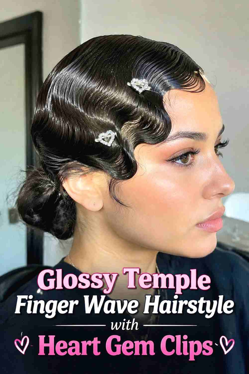 5. Glossy Temple Finger Wave Hairstyle With Heart Gem Clips