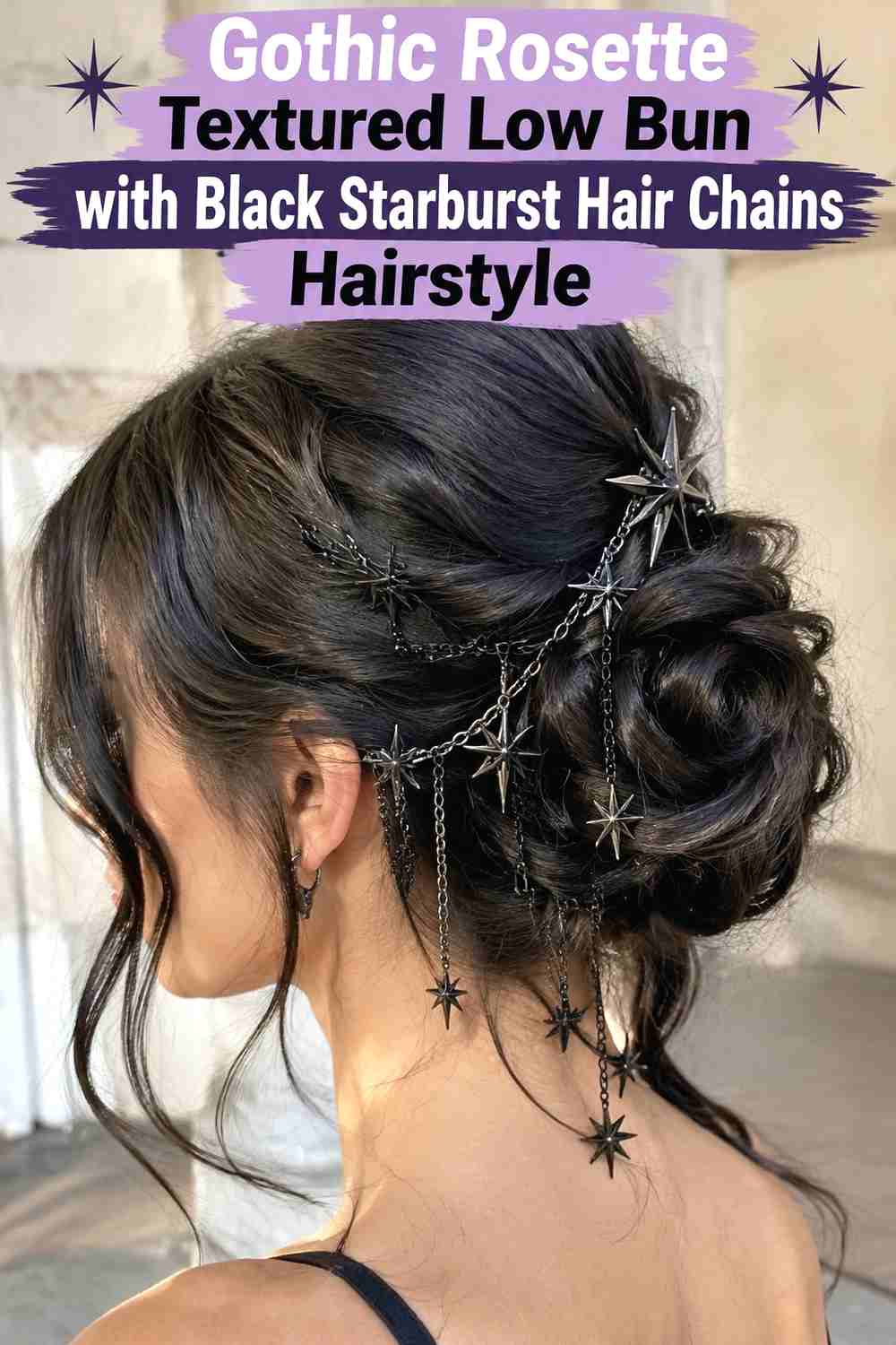 15. Gothic Rosette Textured Low Bun With Black Starburst Hair Chains Hairstyle