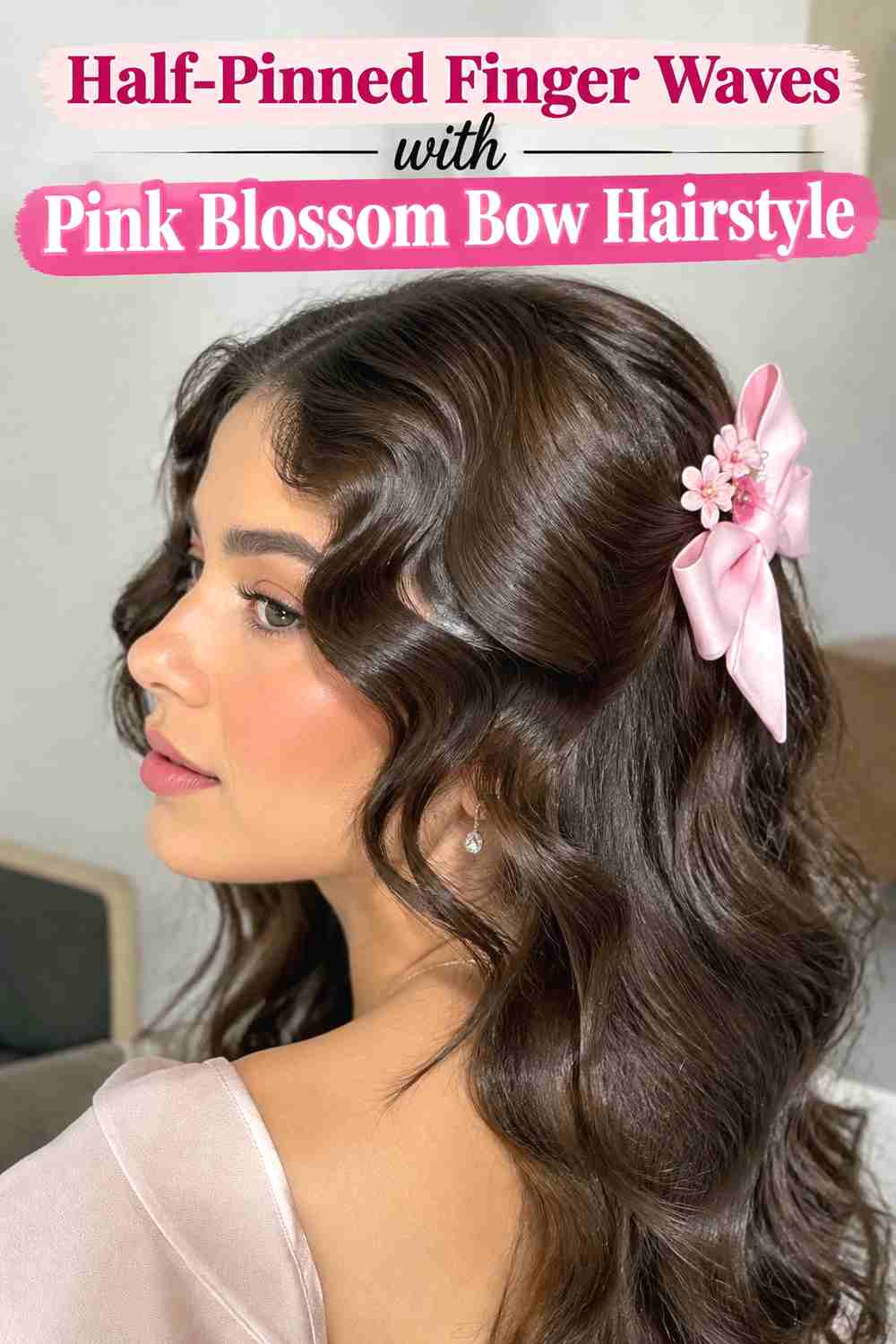 5. Half Pinned Finger Waves With Pink Blossom Bow Hairstyle