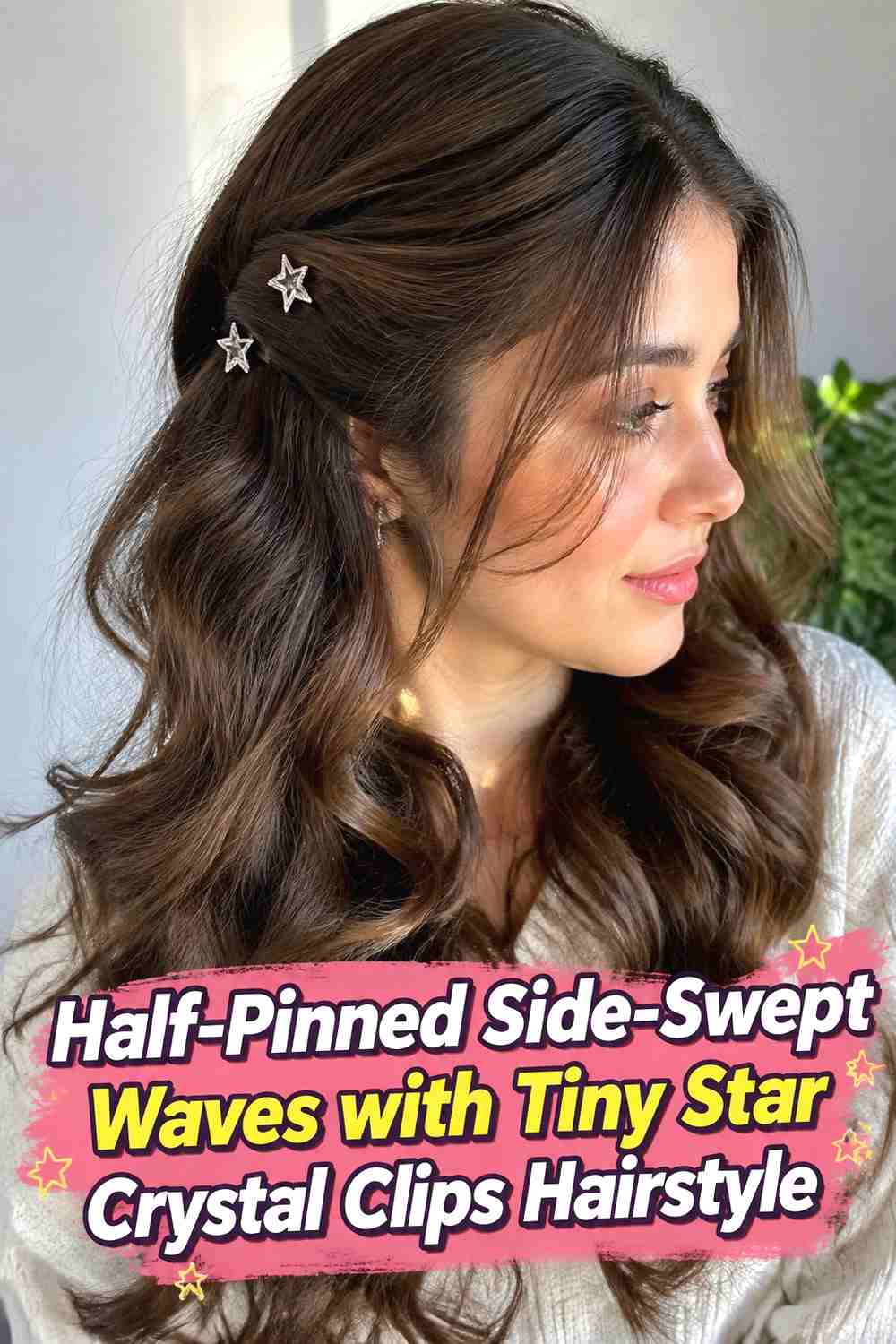 7. Half Pinned Side Swept Waves With Tiny Star Crystal Clips Hairstyle