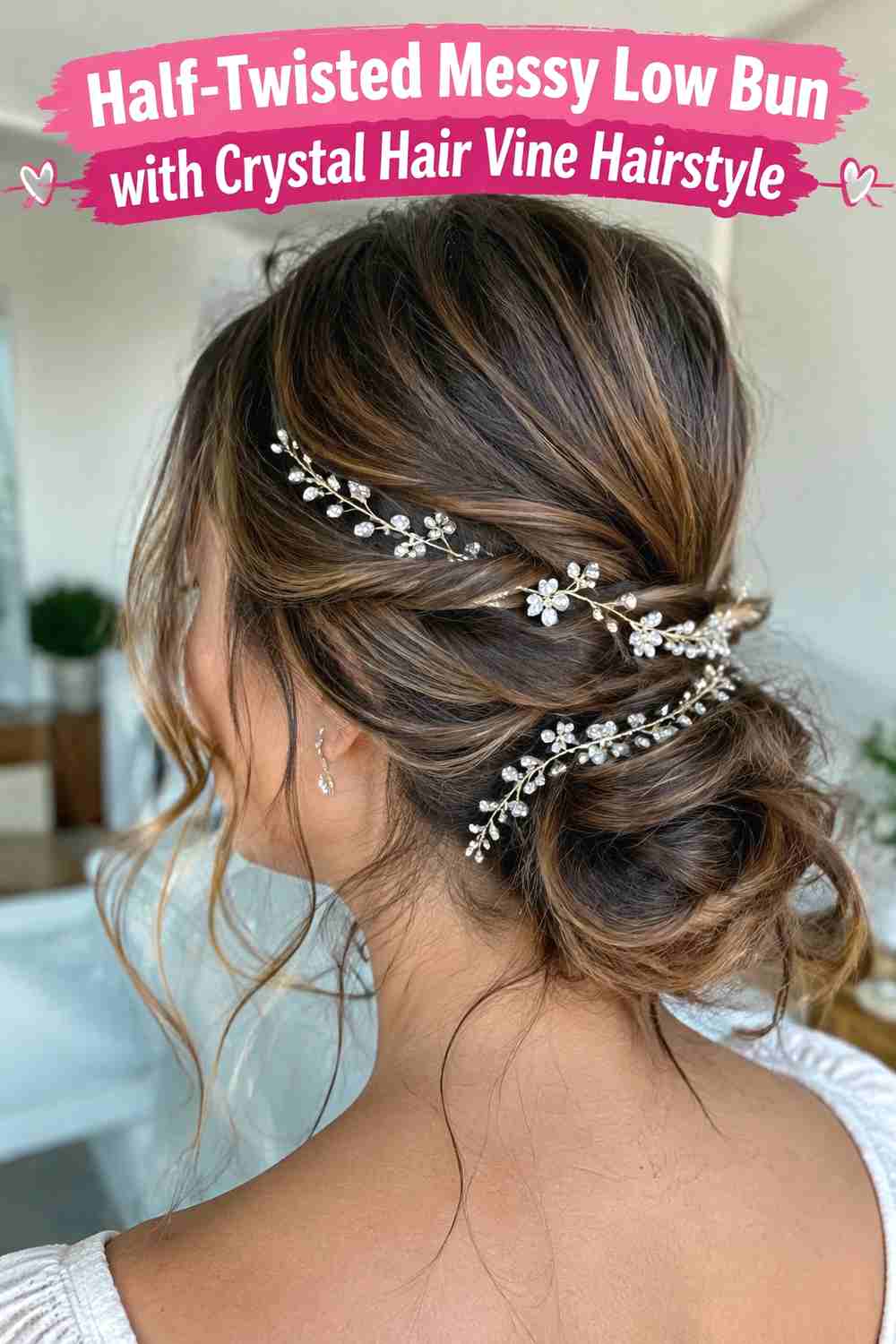 9. Half Twisted Messy Low Bun With Crystal Hair Vine Hairstyle