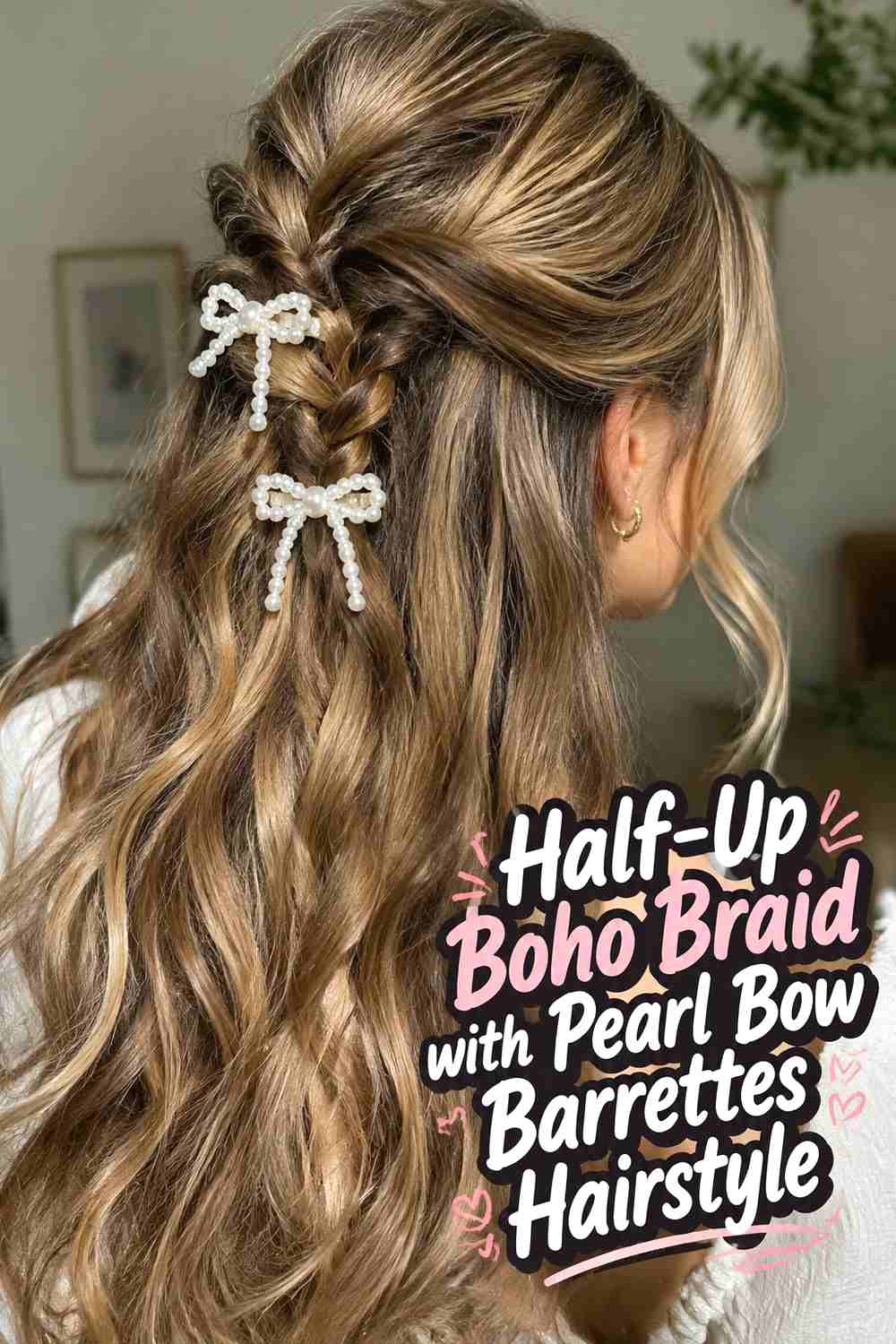 3. Half Up Boho Braid With Pearl Bow Barrettes Hairstyle