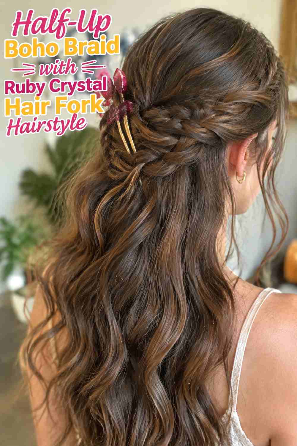 3. Half Up Boho Braid With Ruby Crystal Hair Fork Hairstyle