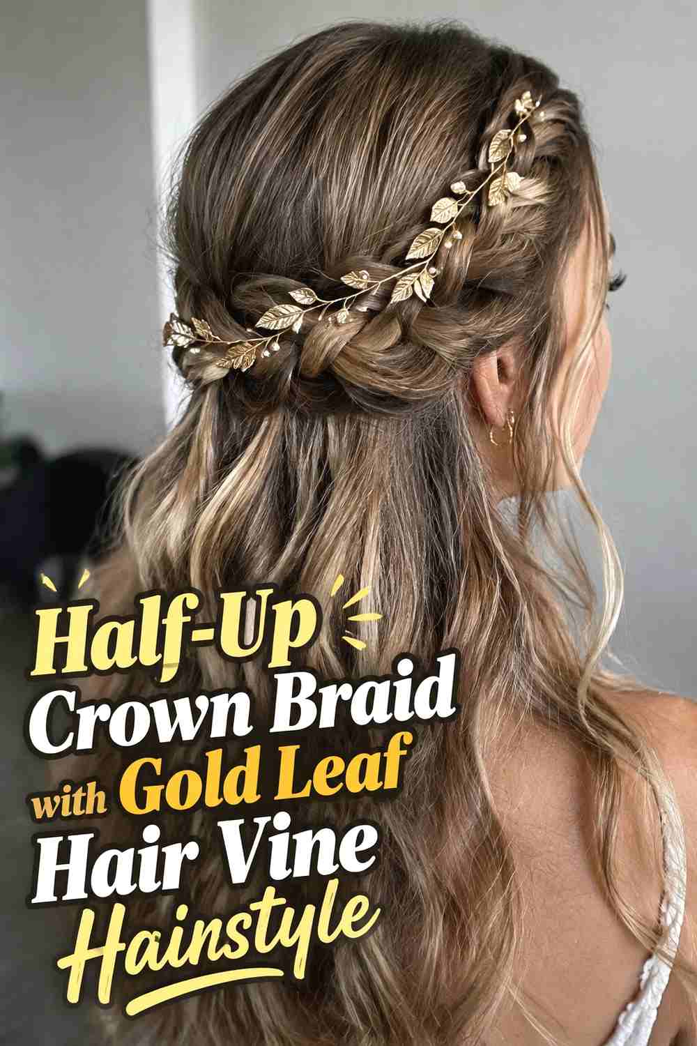 6. Half Up Crown Braid With Gold Leaf Hair Vine Hairstyle