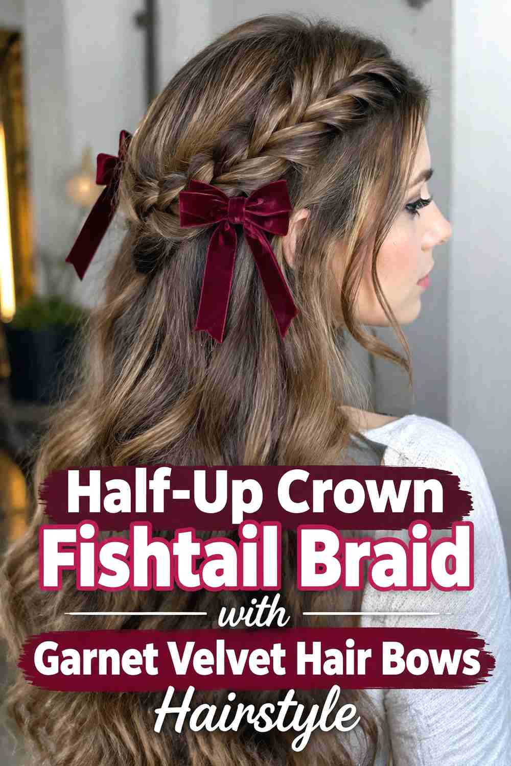 3. Half Up Crown Fishtail Braid With Garnet Velvet Hair Bows Hairstyle