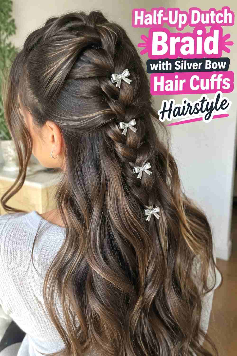 6. Half Up Dutch Braid With Silver Bow Hair Cuffs Hairstyle