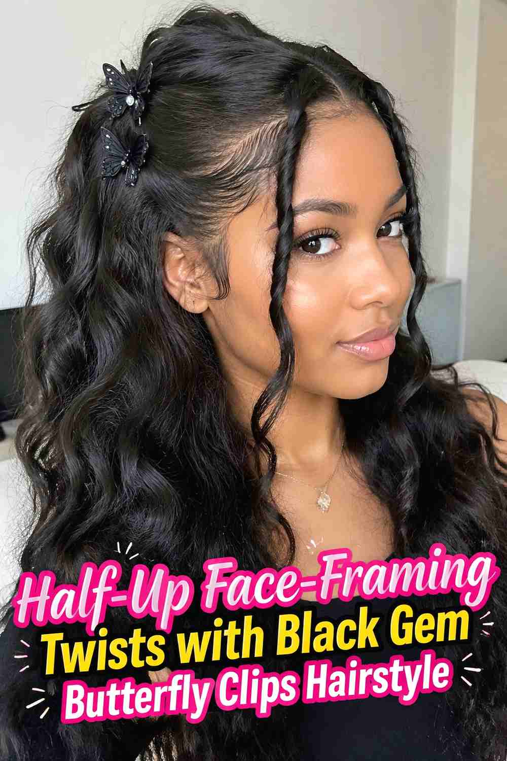 4. Half Up Face Framing Twists With Black Gem Butterfly Clips Hairstyle
