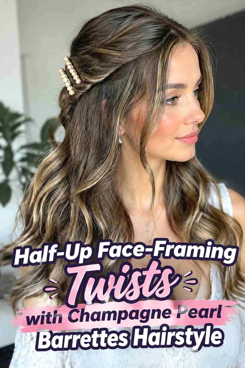 3. Half Up Face Framing Twists With Champagne Pearl Barrettes Hairstyle