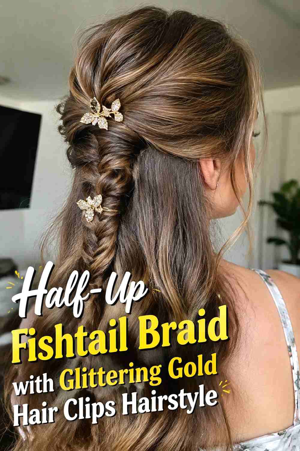6. Half Up Fishtail Braid With Glittering Gold Hair Clips Hairstyle