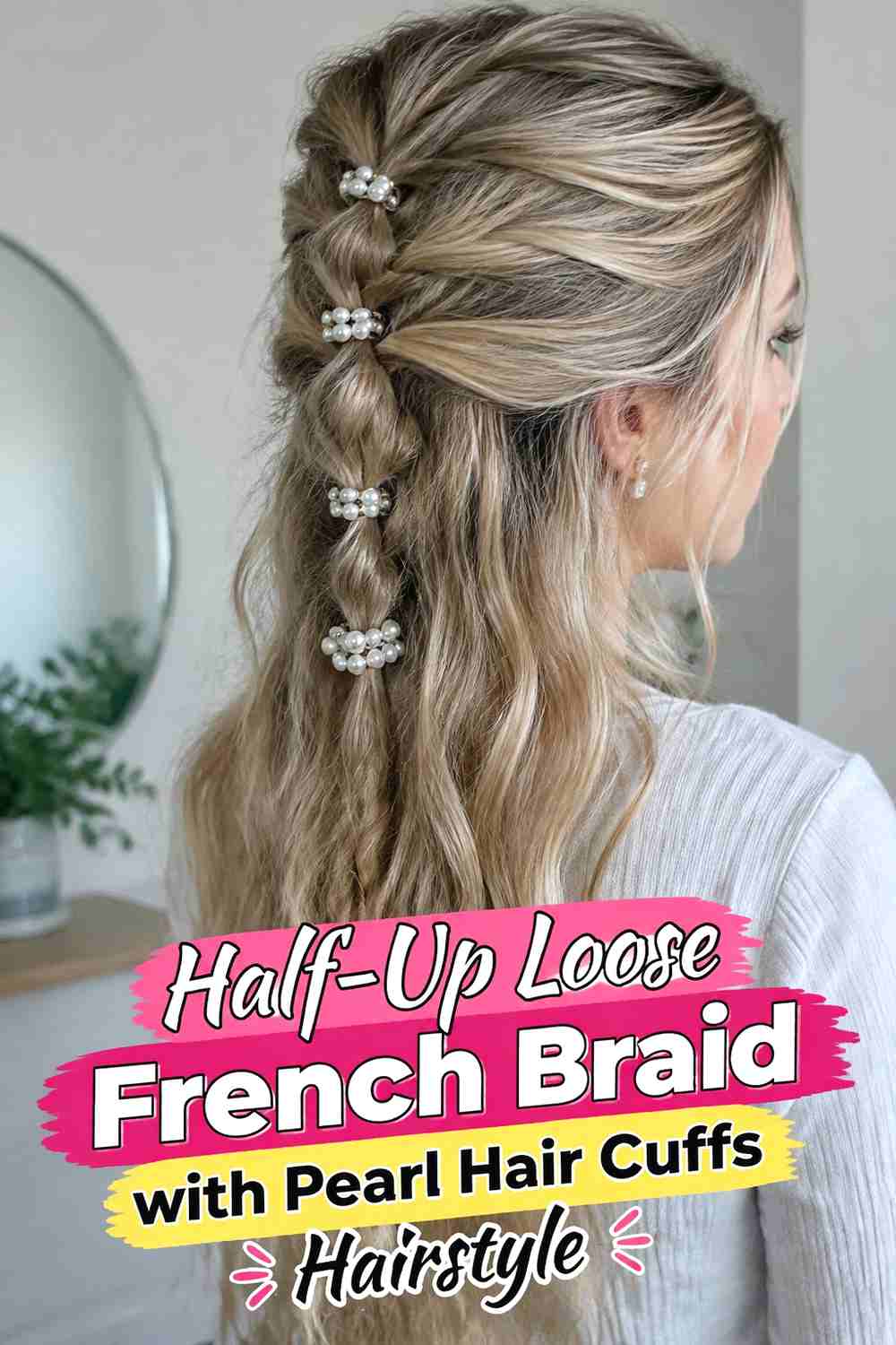 4. Half Up Loose French Braid With Pearl Hair Cuffs Hairstyle